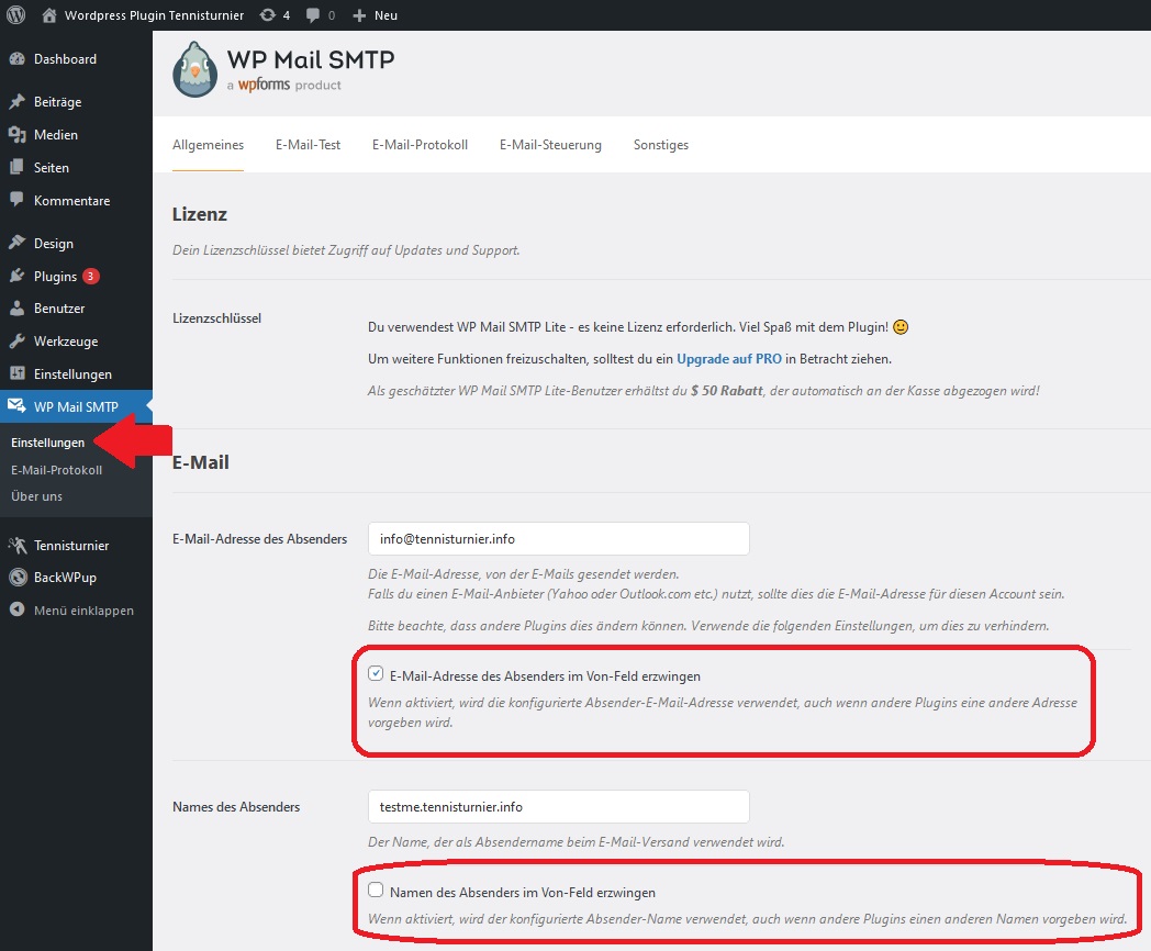 WP Mail SMTP Eintsellungen überschreiben Plugin Einstellungen